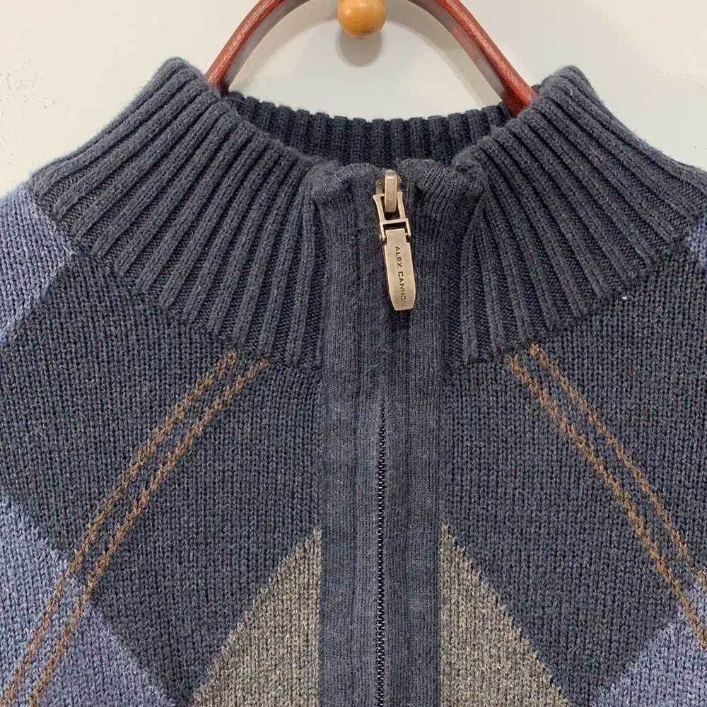 Alex Cannon 1/4 Zip Black Blue Tan Diamond Argyle Knit Pullover Cotton Sweater M - Picture 5 of 17